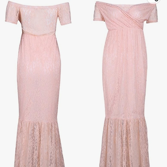 JustVH Women's Off Shoulder Short Sleeve V Neck Lace Maternity Gown Maxi - Picture 3 of 5